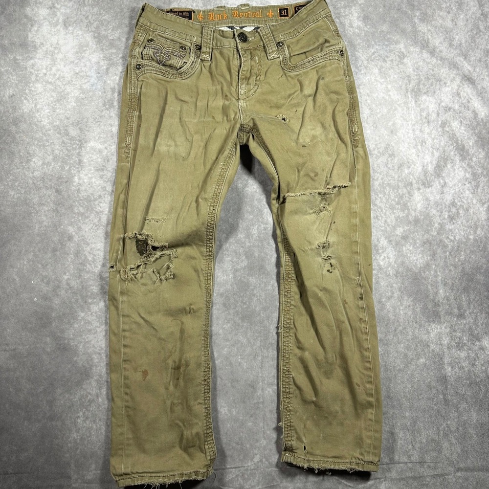 Rock Revival Creston Straight Tan Distressed Jeans Mens 31 Khaki Y2K Bling